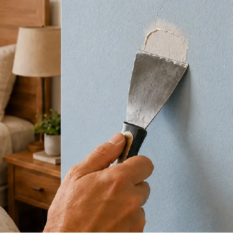 Manos resanando y lijando la pared de la recámara antes de pintar