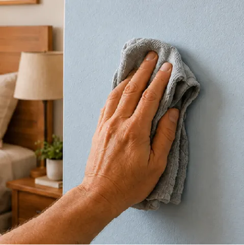 Rodillo aplicando sellador acrílico sobre la pared de la recámara